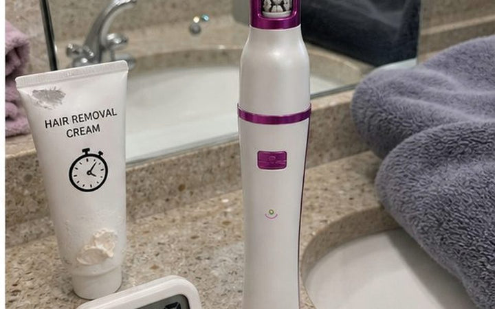 Pluxy next to depilatory cream and timer