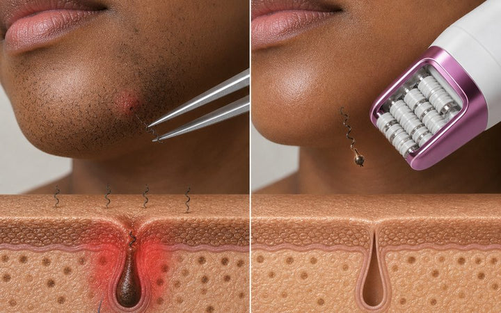 Short coarse chin hairs and root removal mechanism