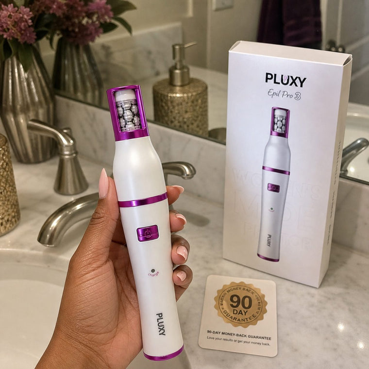 Pluxy Epil Pro 3 in a bathroom routine with guarantee card