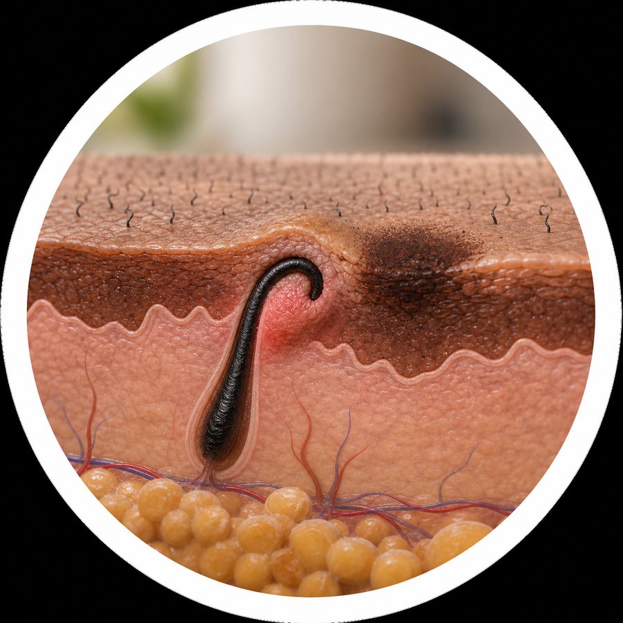 Cross-section of a curled facial hair follicle, irritation, and a dark mark